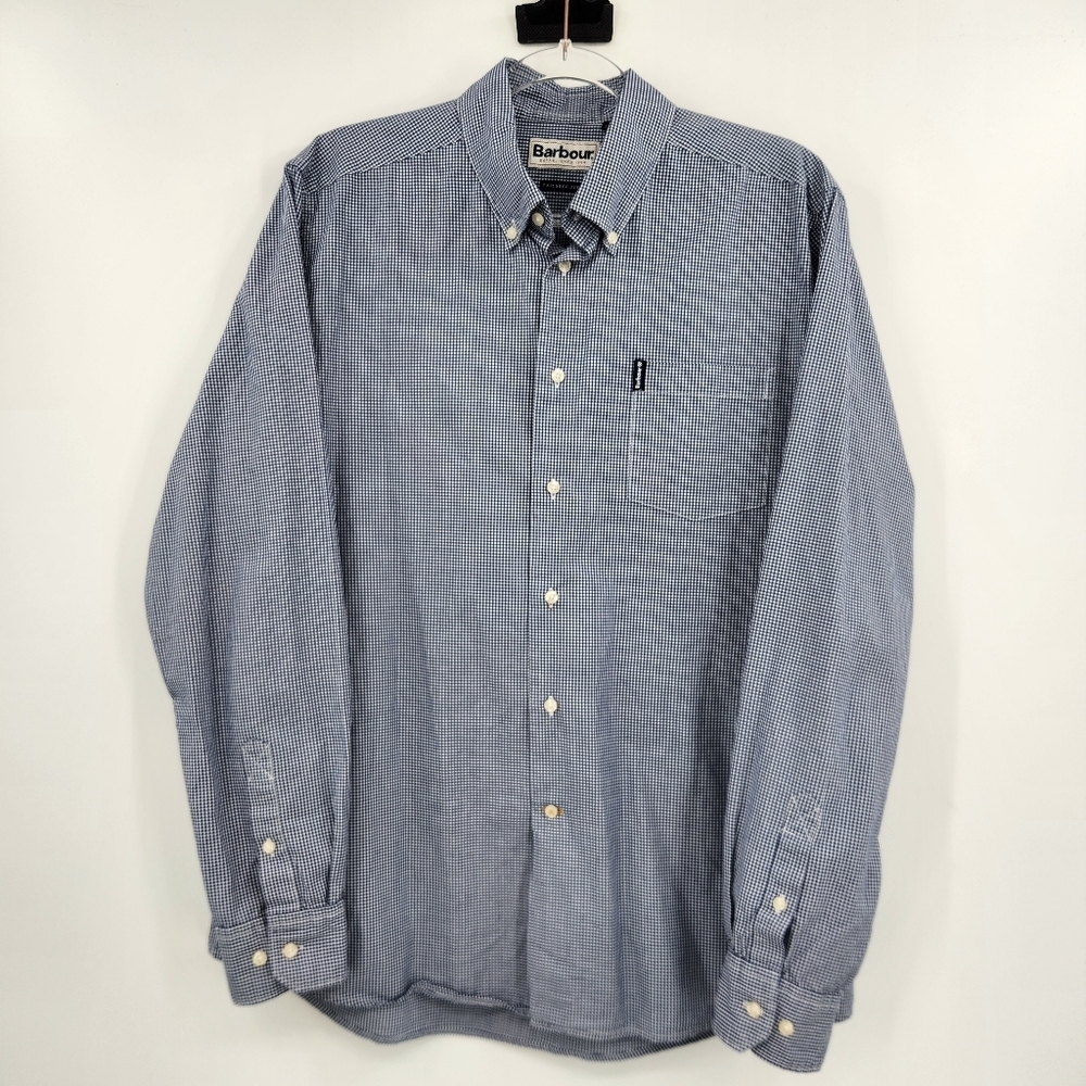 Barbour Gingham Tailored Fit Cotton Shirt Mens Size Medium Navy White